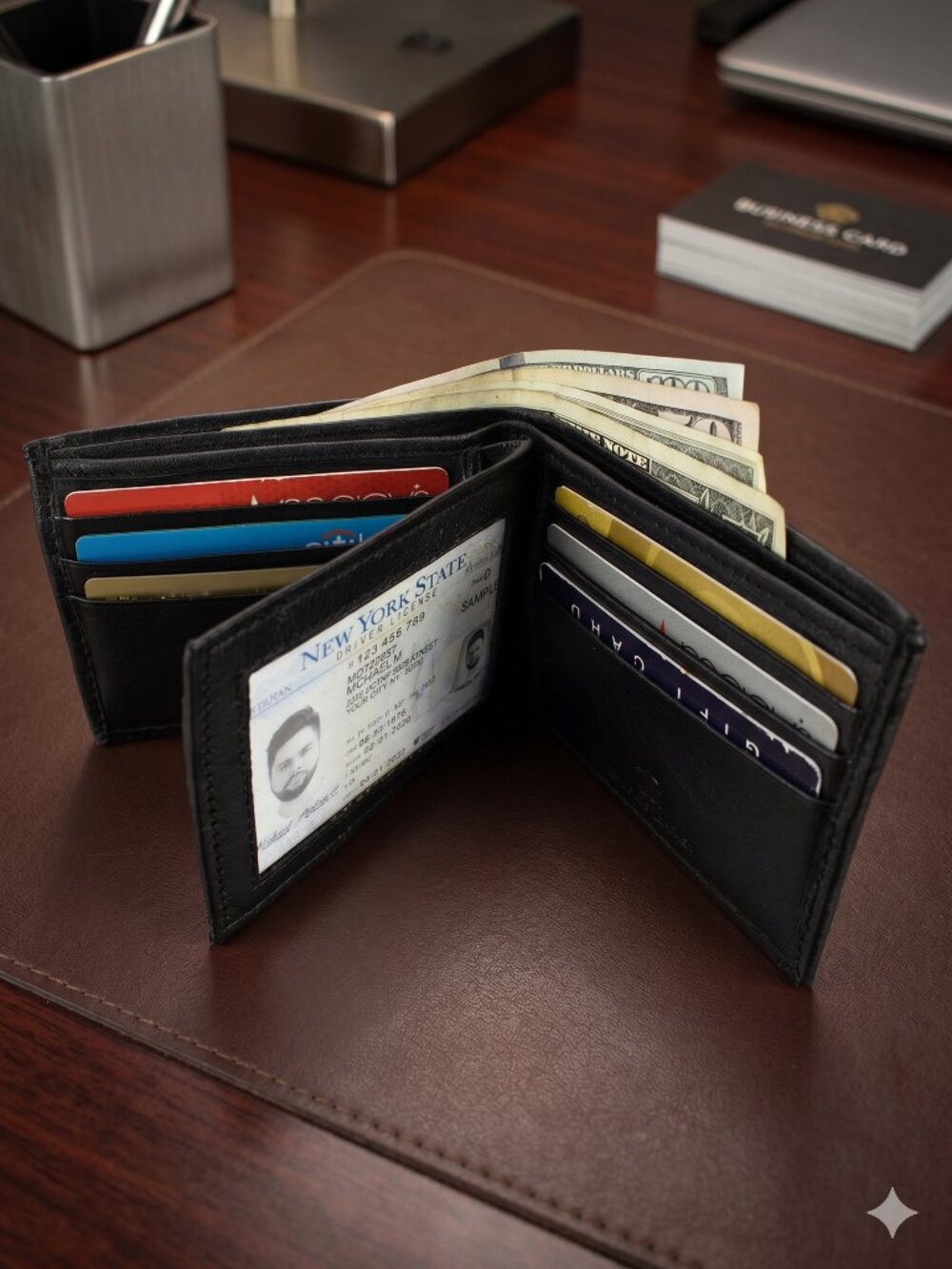 Men Lambskin Leather Wallet ID Card Organizer Black Bifold Stylish Wallet